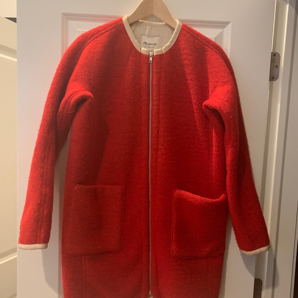 Madewell Red Collarless Faux Shearling Cocoon Coat